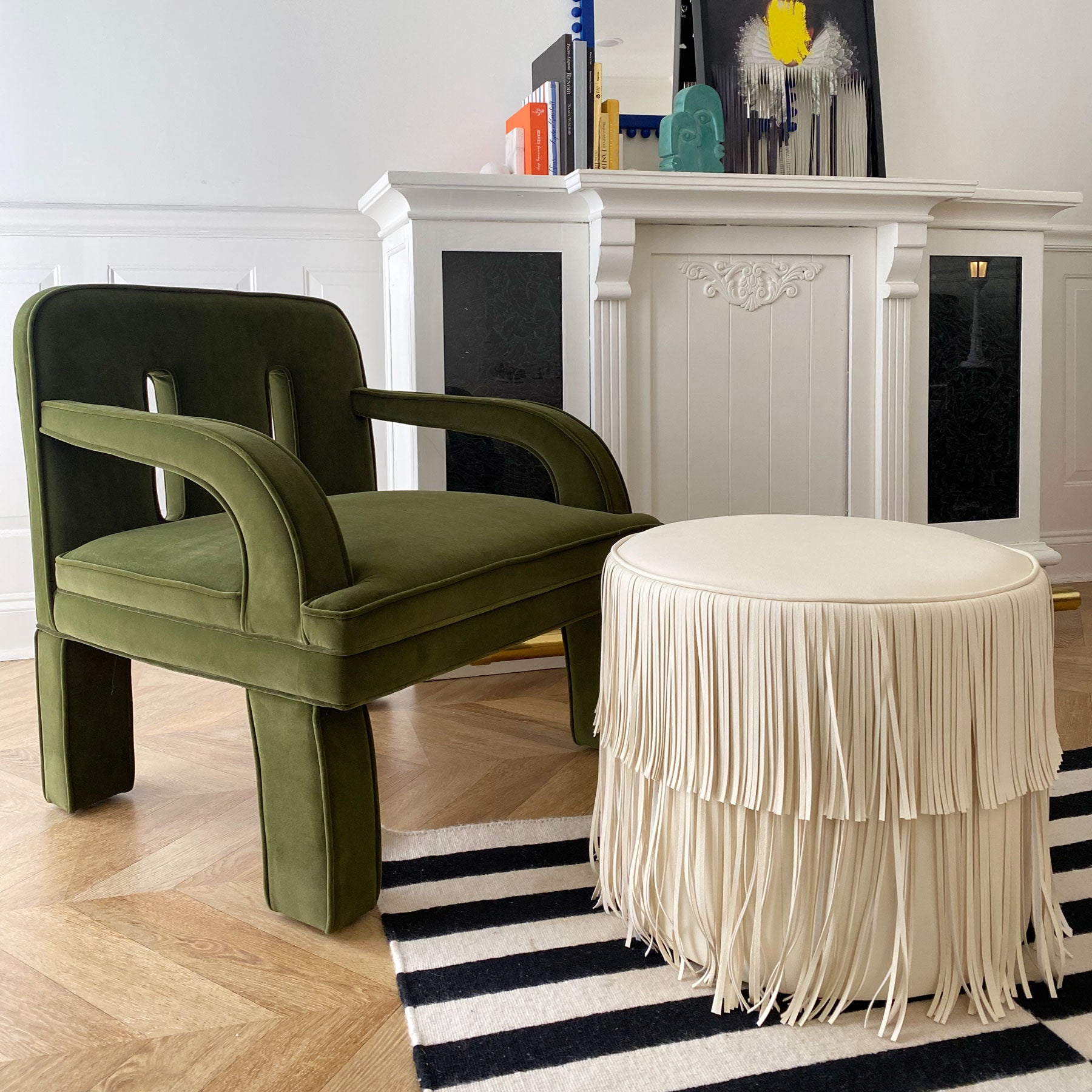 White fringe ottoman