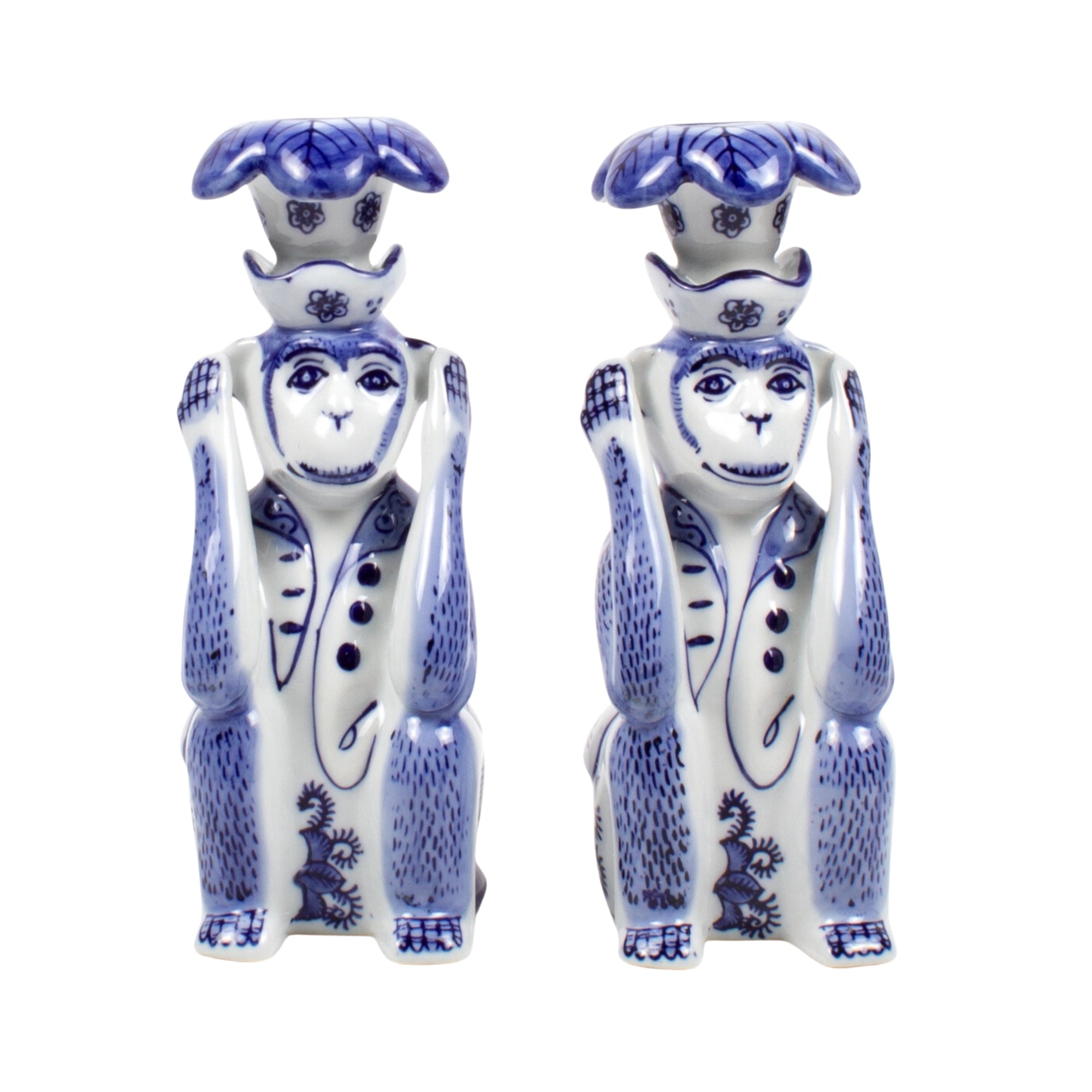Blue Chinoiserie Monkey Candlestick Set | Unique Decor – Scout