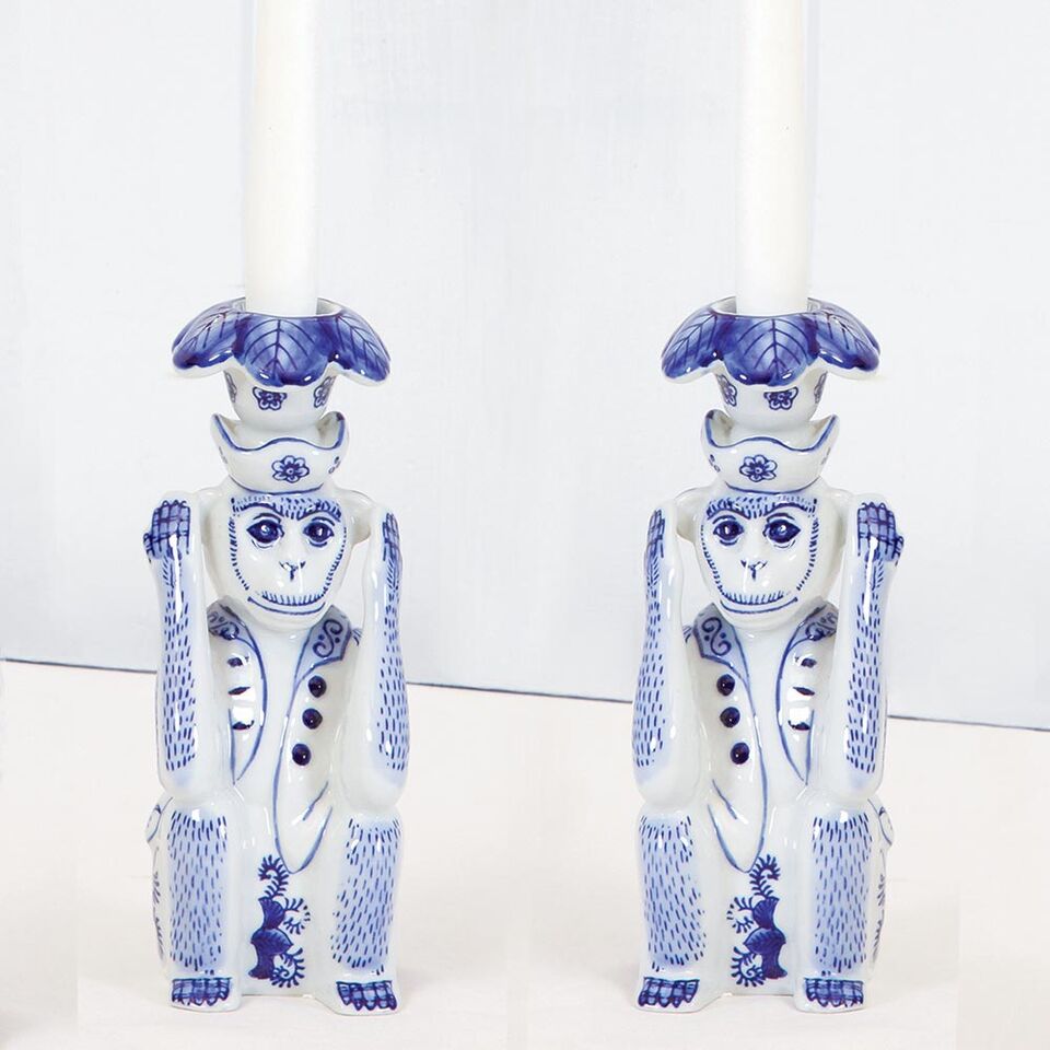 Blue Chinoiserie Monkey Candlestick Set | Unique Decor – Scout