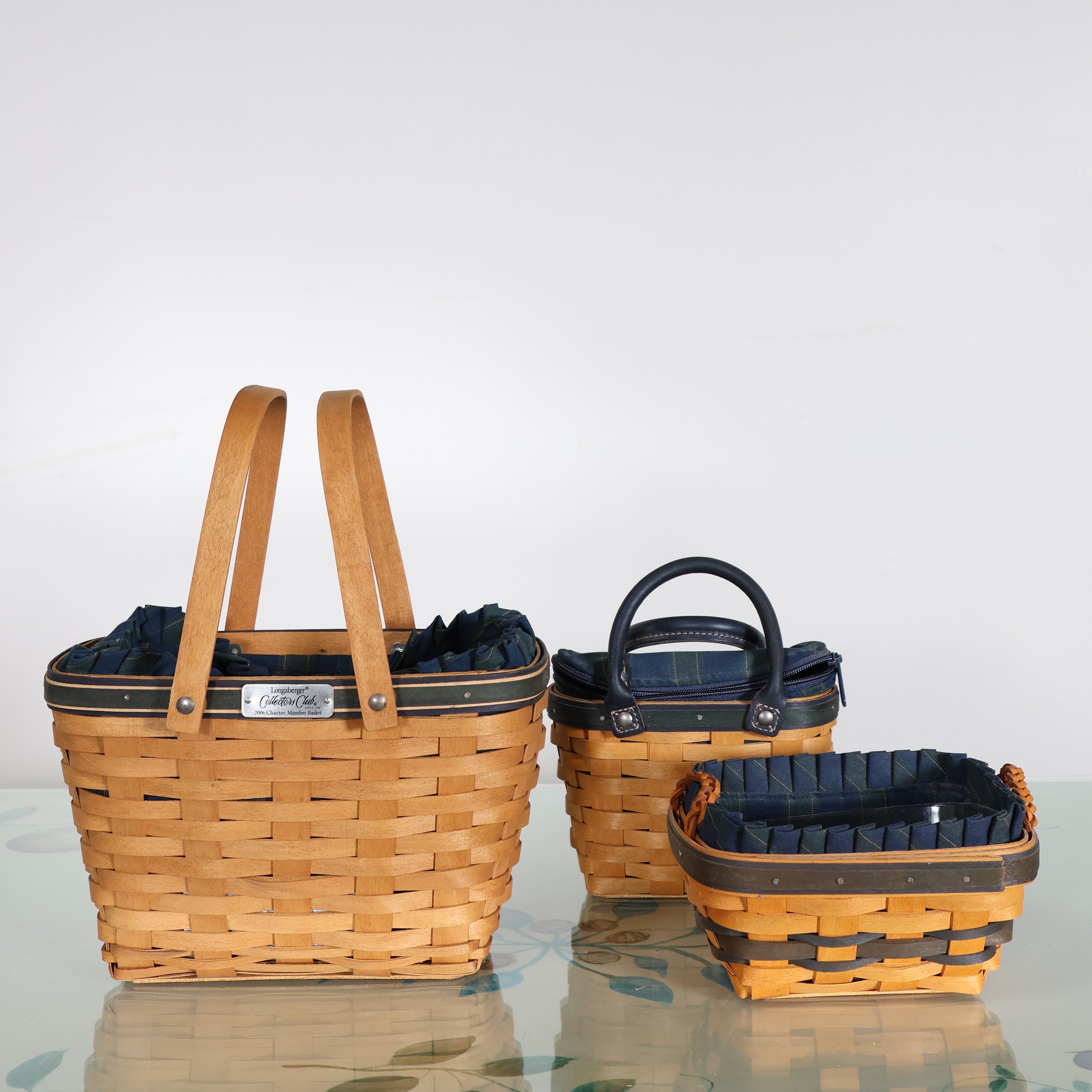 Set of 3 Navy & Forest Plaid Longaberger Baskets | Vintage Decor
