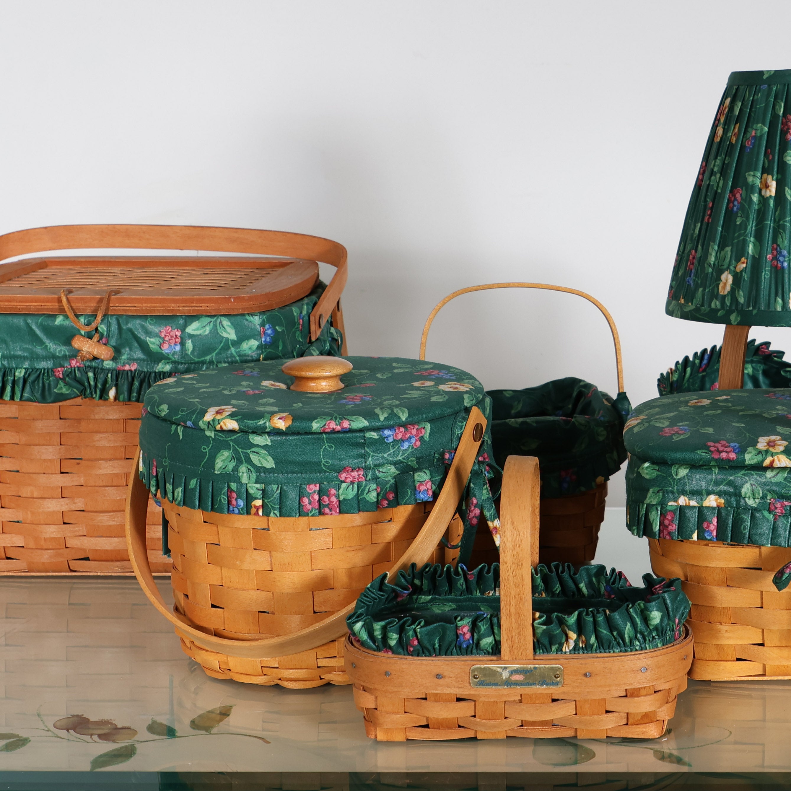 Seven Piece Longaberger Set in Green Floral | Vintage Decor