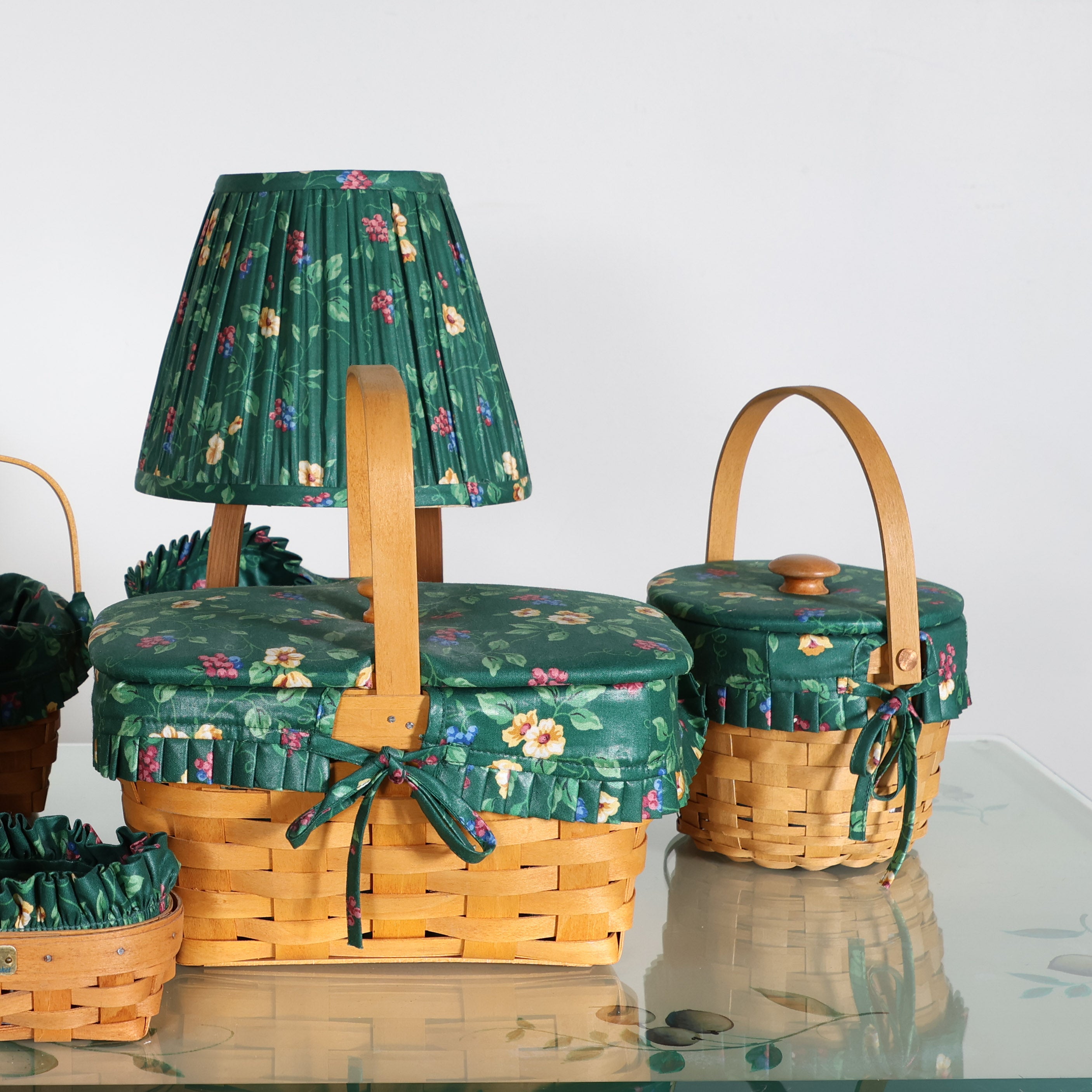 Seven Piece Longaberger Set in Green Floral | Vintage Decor