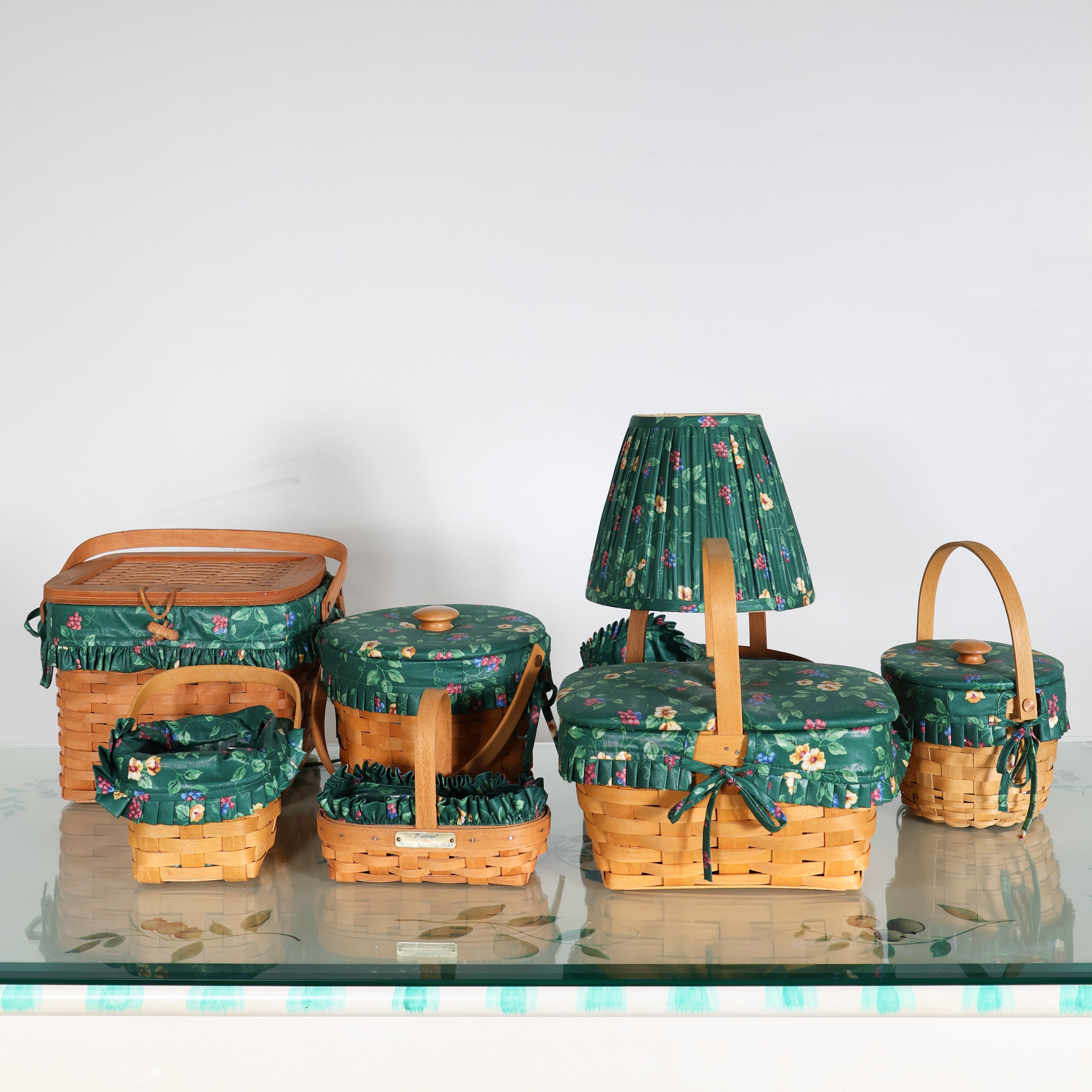 Seven Piece Longaberger Set in Green Floral | Vintage Decor