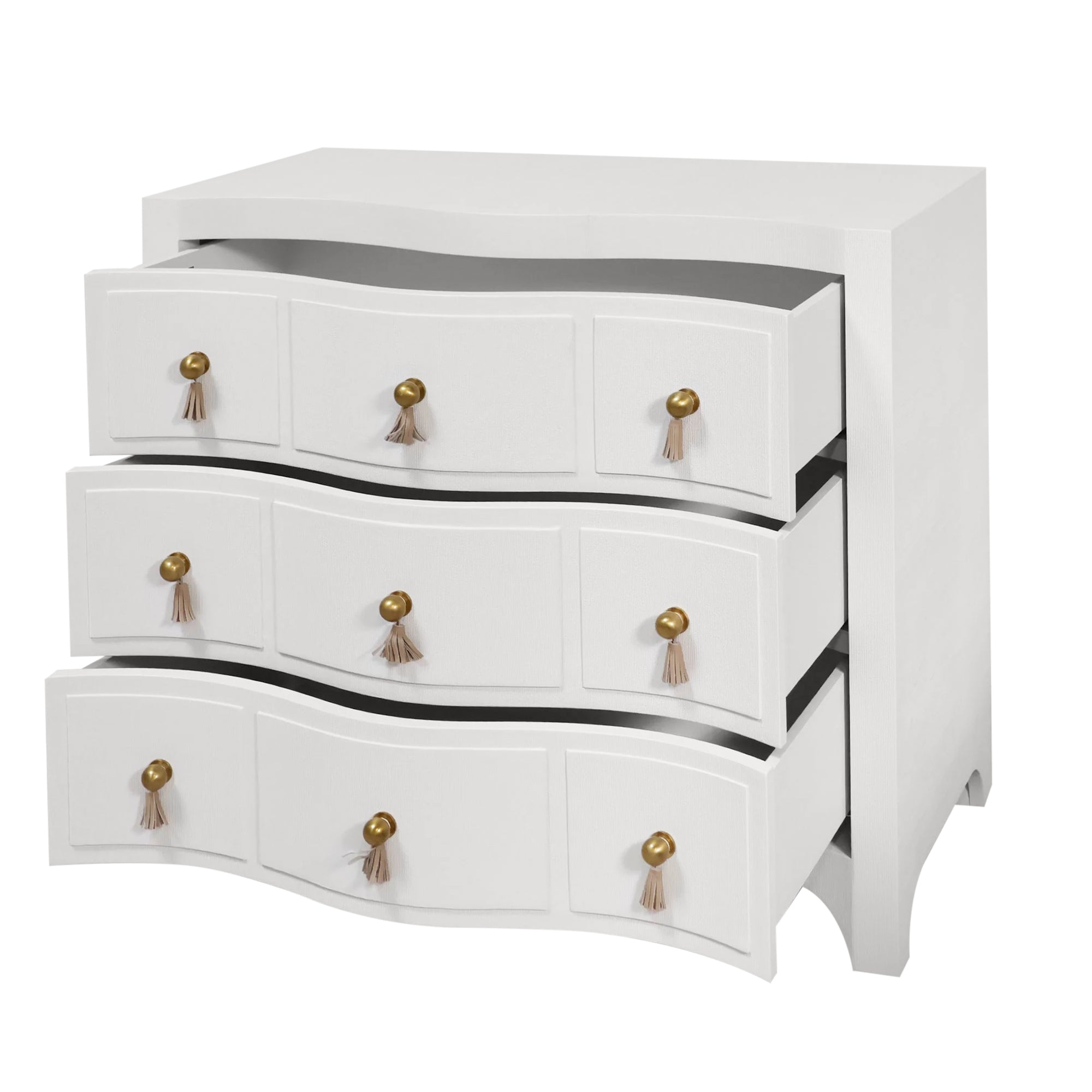 Charlie Chest in White | Linen Nightstand with Tassel Hardware Charlie Chest in White | Linen Nightstand with Tassel Hardware