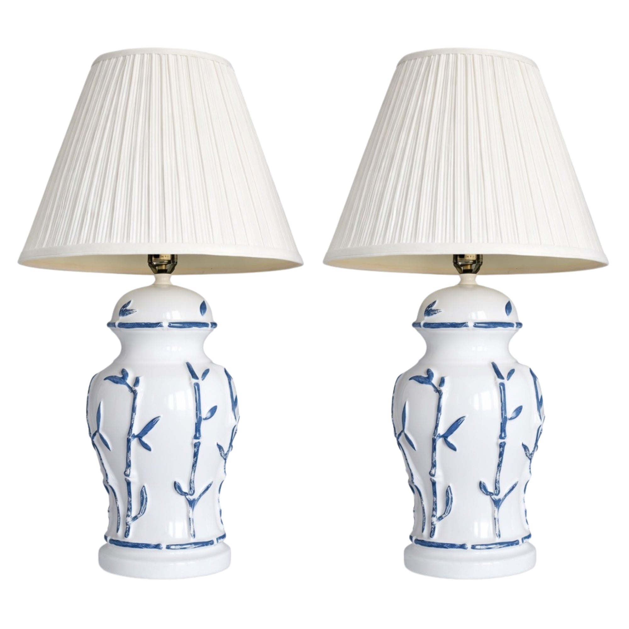 Pair of Hand-glazed porcelain Blue and White Bamboo Lamps with