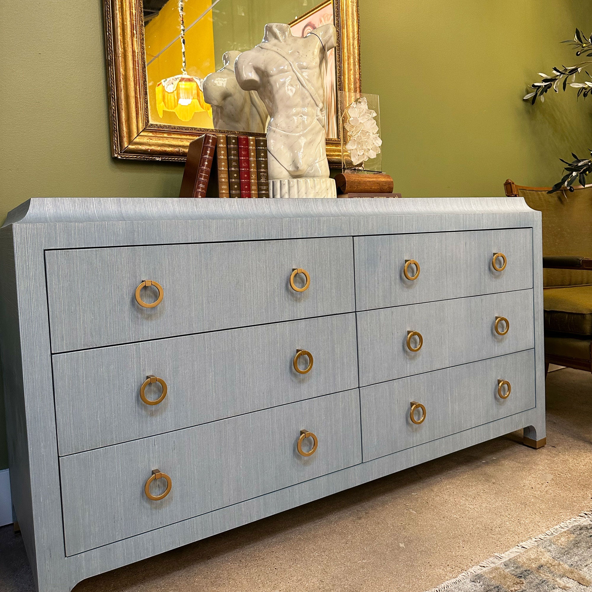 blue grasscloth dresser Worlds Away Beckett Modern Classic Blue Bamboo Grasscloth Chest
