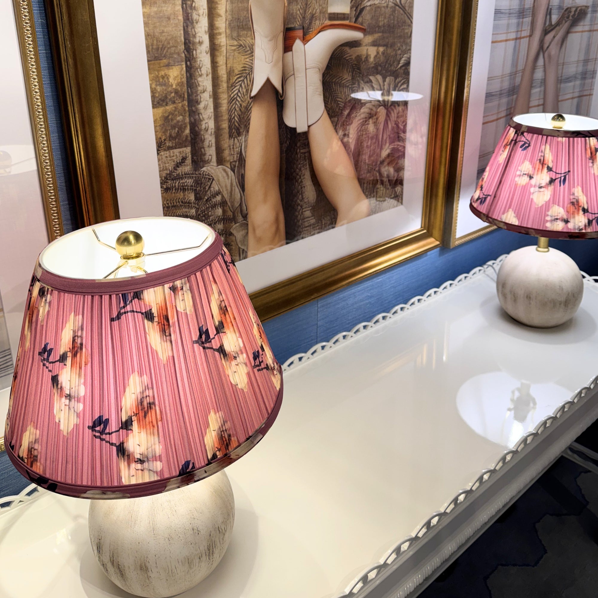 Pair of Spherical Wood Finish Lamps with Pleated Flower Shades