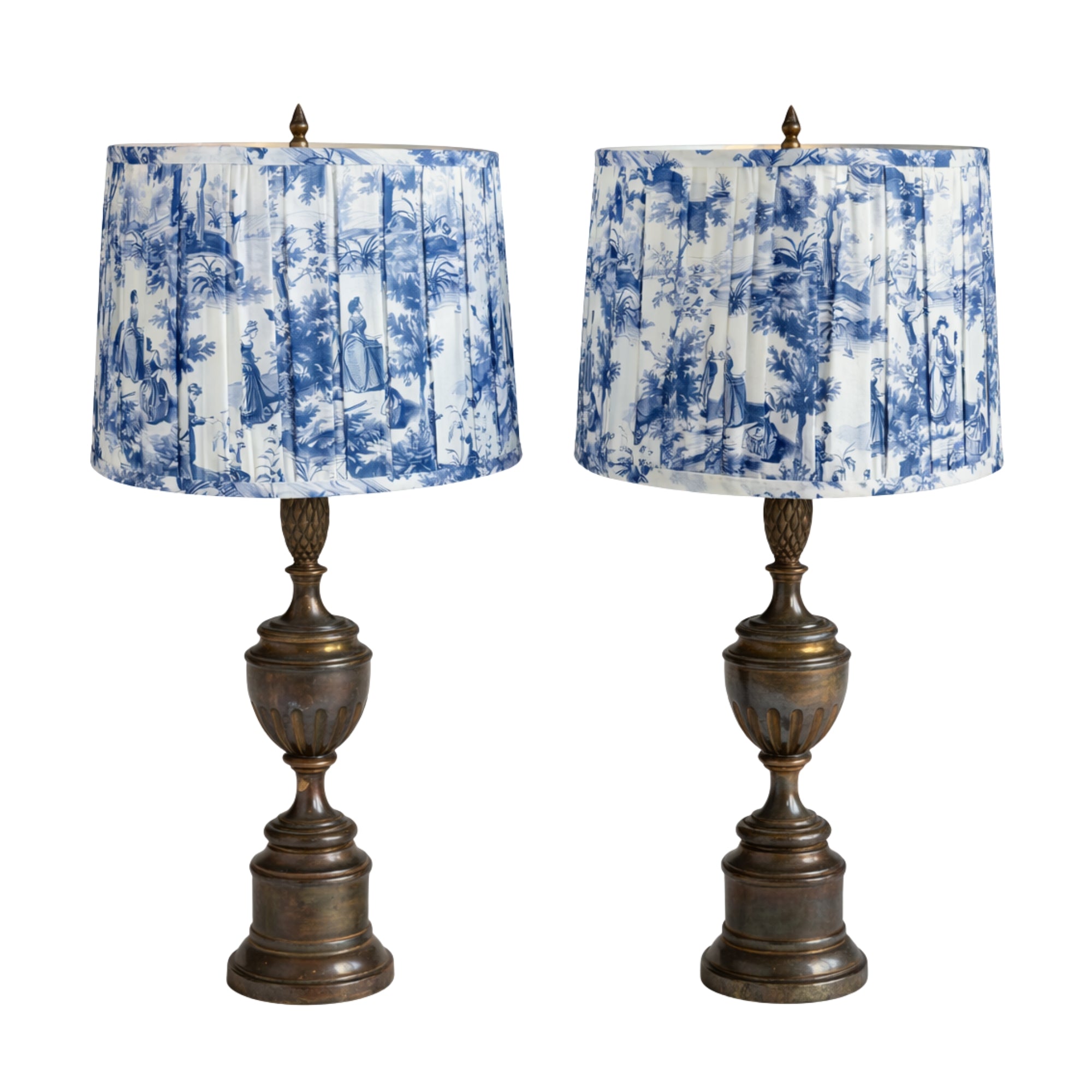 Pair of Vintage Brass Pineapple Lamps by Stiffel with Blue & White