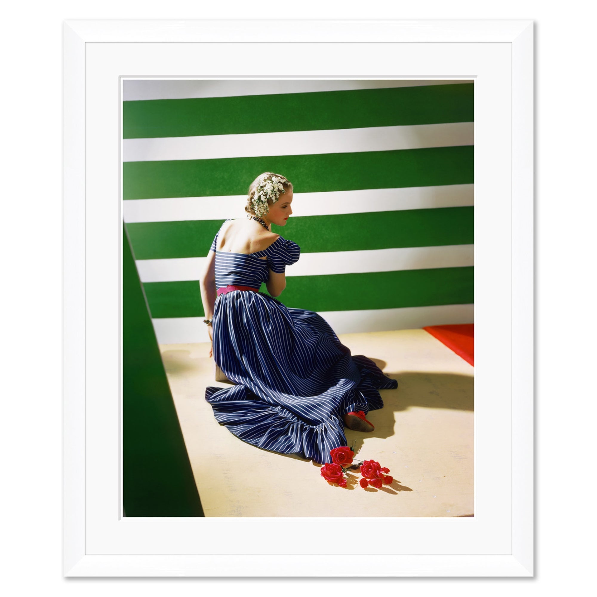 Vogue Magazine, Model in Striped Blue Dress, Horst P. Horst, June 15, 1939 Vogue Magazine, Model in Striped Blue Dress, Horst P. Horst, June 15, 1939